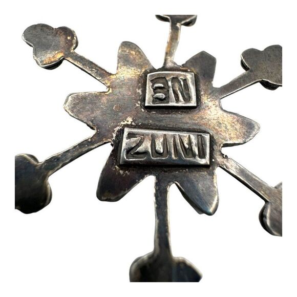 Zuni Petite Point Signed Turquoise Sterling Silver Snowflake Pendant 1.5 Vintage - Picture 4 of 5
